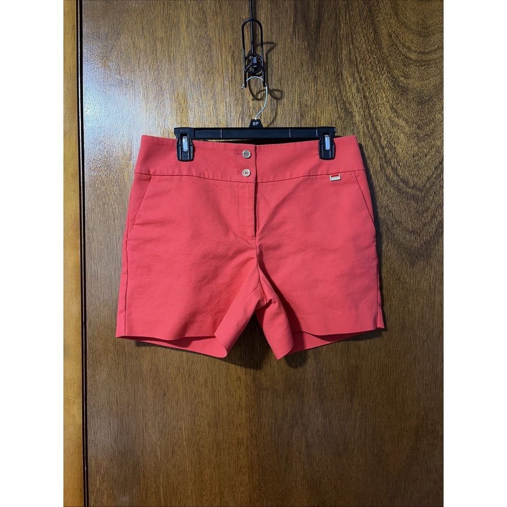 Anne Klein Dress Shorts Size 8 Coral Orange Stretch Gold Logo Summer Paris